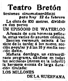 Anuncio de una de la  programación del 22 febrero 1913